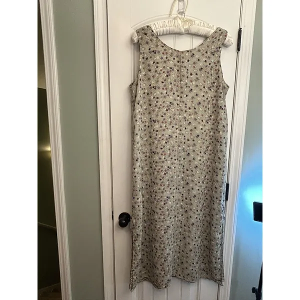 Reversible Maxi Dress L XL Floral Polka Dots Sleeveless Side Slits Tan Gray Mult - Image 12