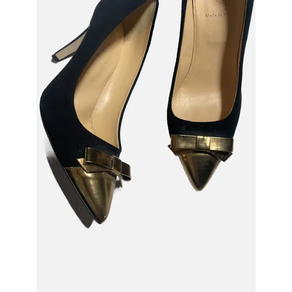 J.Crew Pumps Women 8 Black Gold Cap Toe Bow‎ Suede Stiletto Heels Made in Italy - Image 2