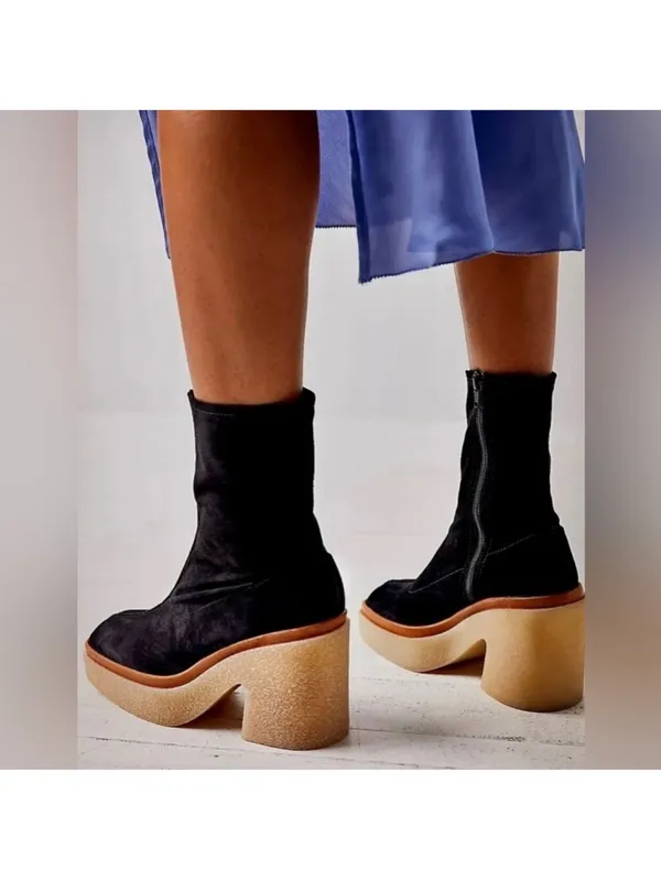 Free People Black Sock Platform Boots with Tan Crepe Heel - Image 3