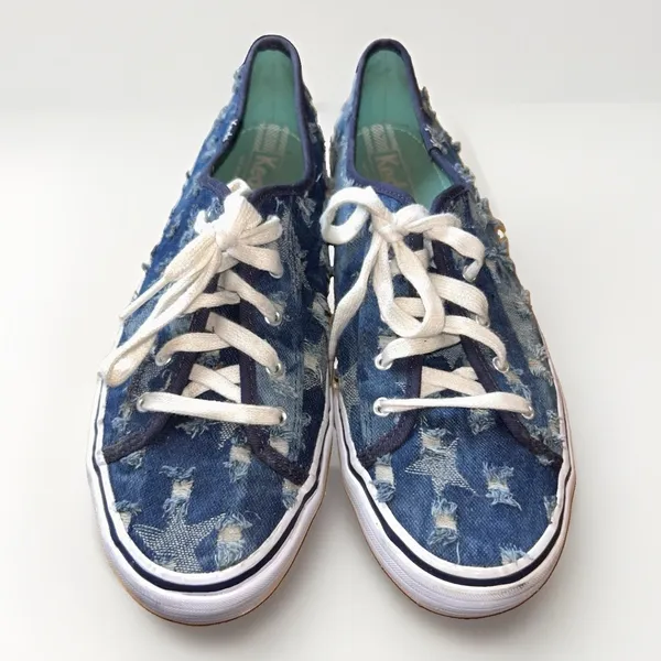 VTG Keds Champion 9.5 Blue Distressed Denim Star Low Top Sneakers Rubber SOle - Image 3