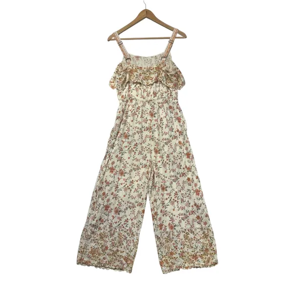 American Eagle Floral Eyelet Ruffle Wide Leg‎ Jumpsuit Cream Orange 70s inspired Rufflecore Med - Image 5