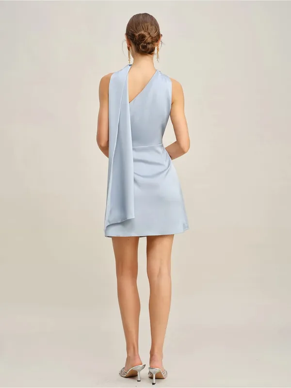 RIHOAS One-Shoulder Satin Mini Dress in Light Blue with Draped Scarf - Image 6