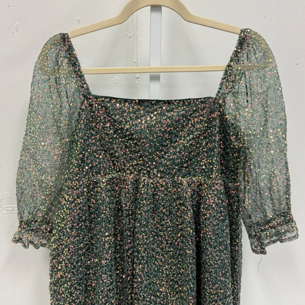 Altar'd State‎ Sparkly Beaded Embellished Green Babydoll Mini Dress Medium Boho - Image 3