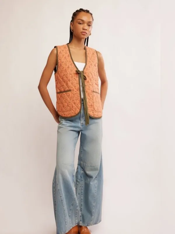 Free People Quilted Floral Peach Tie-Front Vest - Image 3