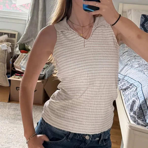 vintage Dockers 100% cotton white and beige striped collared tank top sz small - Image 2