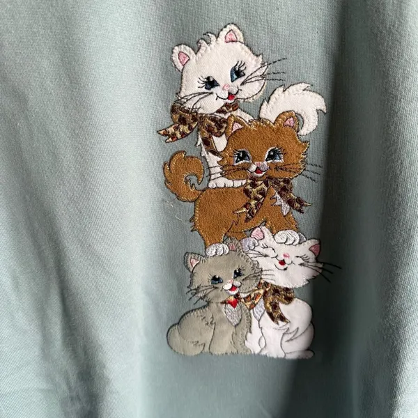 Morning‎ Sun Crewneck Sweatshirt with Ribbed Trim Cat Appliqué Granny Womens L - Image 5