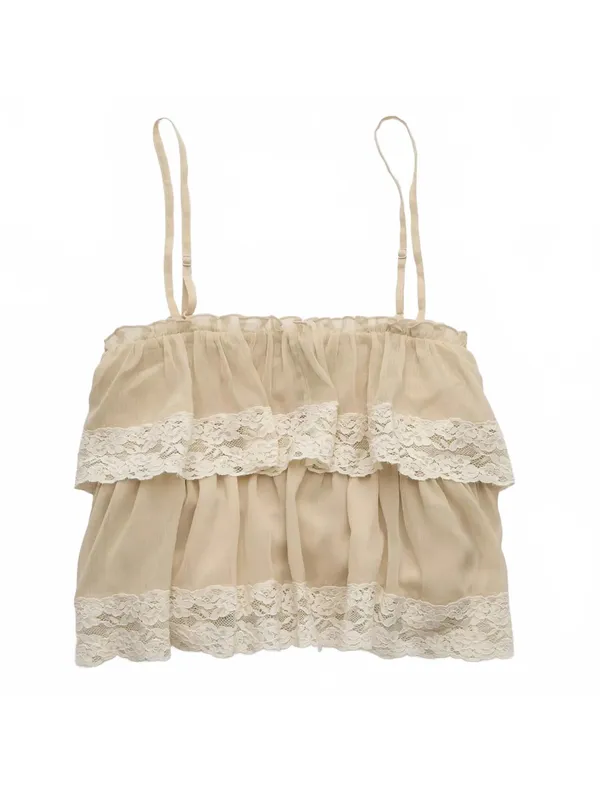 AE Chiffon Tiered Ruffle Tank Top American Eagle NWT Light Khaki Large - Image 6