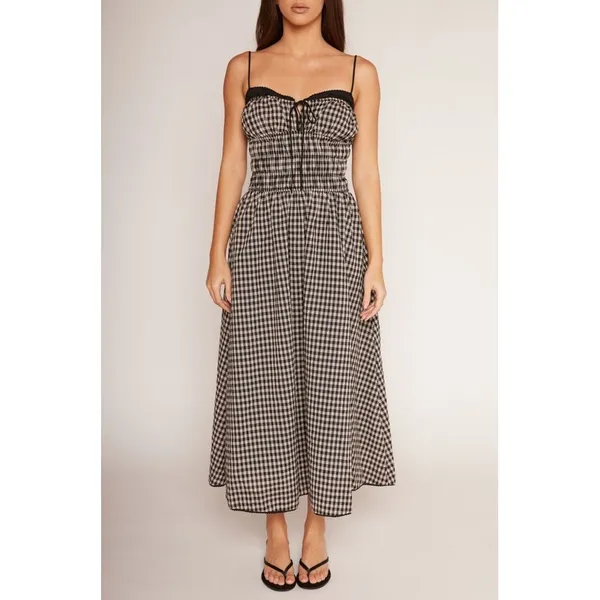 NIA Black Tan Gingham Smocked Midi Thomas Dress Lace Trim Pockets Womens Medium - Image 11