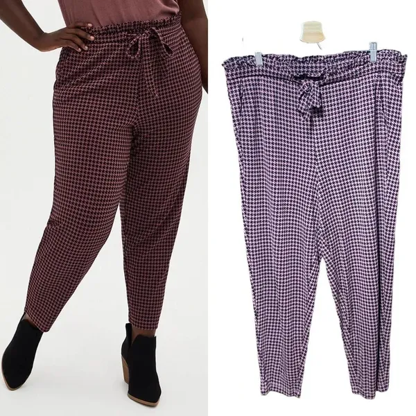Torrid Slim Taper Studio Ponte High Rise Tie Pant Pink Houndstooth Plus Size 1X‎ - Image 2