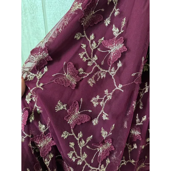 Allison + Kelly Burgundy Butterfly Embroidered Mesh Puff Sleeve Mini Dress XS - Image 5