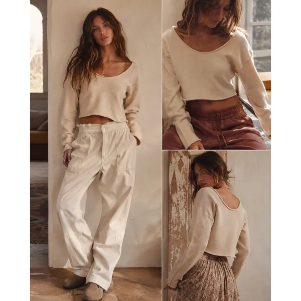 100% Cashmere Free People Cream Cropped Scoop Neck Sweater Exposed Back Seam XS - Image 2