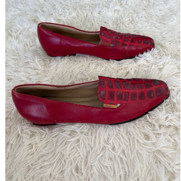 Red Leather Loafers Women's Croc‎ Embossed Square Toe Slip On Dress Shoes - Image 2