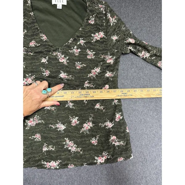 Elle Green‎ V-neck Blouse With Pink Flowers, Size M Whimsy Fairy Yk Lace Meah - Image 9