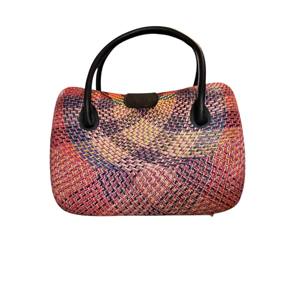Le‎ Sac Woven Straw Top Handle Handbag Colorful Woven Design Black Accents Gold - Image 7