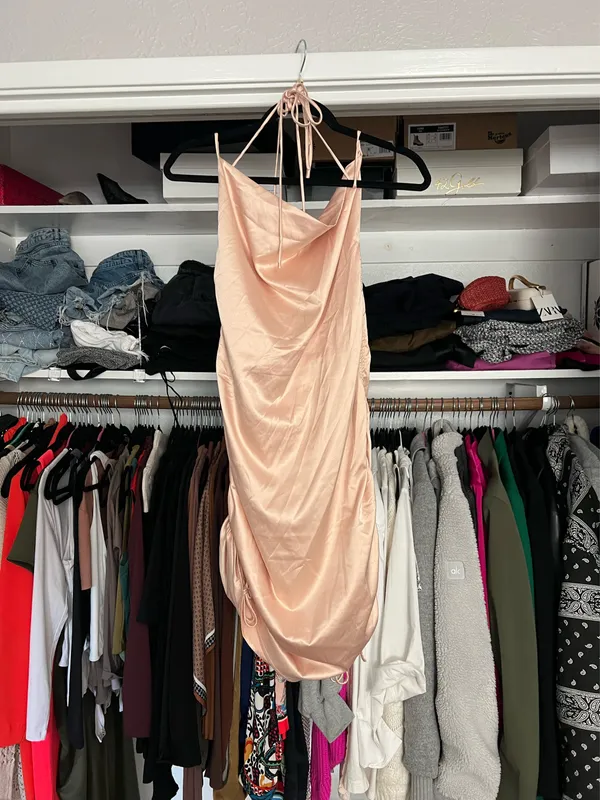 Leau Cabo gold satin adjustable strappy rouched mini dress M NWT - Image 7