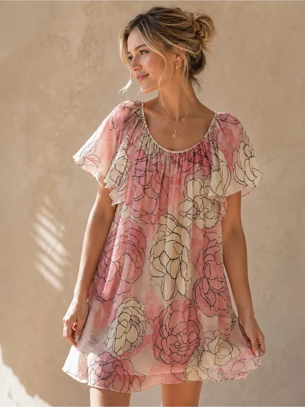 BCBGMaxAzria Boho Blush Pink Floral Mesh Cottagecore Flutter Sleeve Dress - Image 10