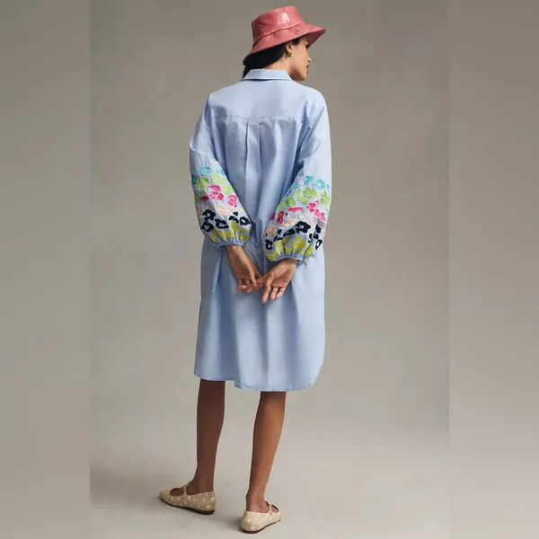 Essentiel Antwerp Embroidered Puff Sleeve Cotton Button Down Blue Dress S - Image 3