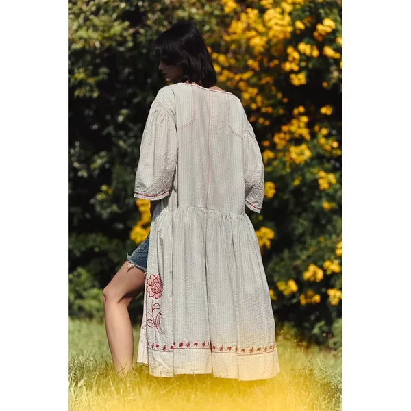 Free People Embroidered Cottage Bohemian Seersucker Saugatuck Midi Dress Large - Image 4