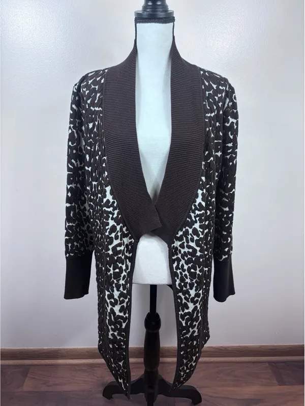 One A Cheetah Animal Print Open Front Cardigan Shawl Collar Longline Brown L XL - Image 5
