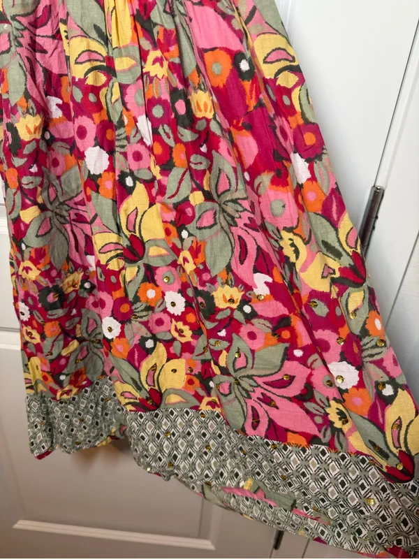 No Boundaries Pink Floral Boho Cotton Halter Midi Dress with Multicolor Print - Image 3