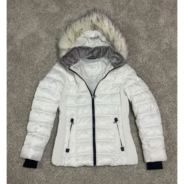 Nautica White Puffer Jacket Faux Fur Hood Quilted Winter Coat Size Small - Image 3