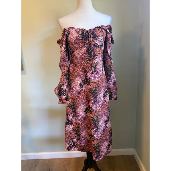 Long Sleeve Floral Midi Dress Smocked Off Shoulder m boho cotage whimsigoth retr - Image 3