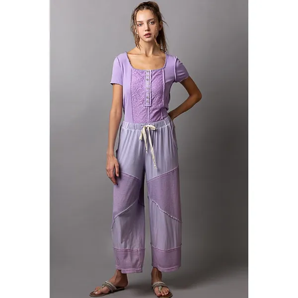 POL Purple Patchwork Wide Leg Lounge Pants Lavender Knit TKP20 Size M/L Boho - Image 6