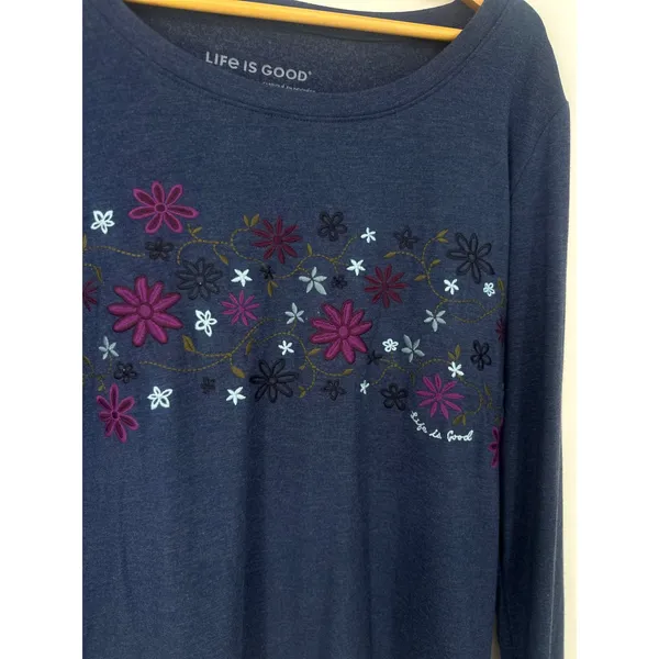 Life‎ Is Good Sweatshirt Womens M Blue Floral Embroidered Pullover Boho Lounge - Image 2