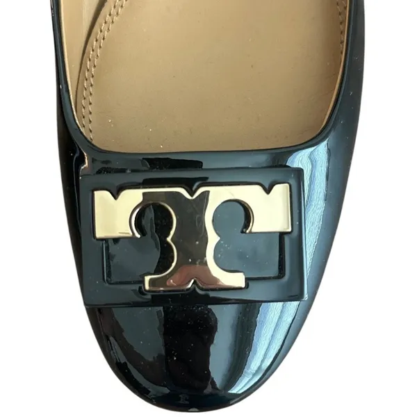 Tory Burch Gigi Black Patent Leather Block Heel Pumps Gold Logo Size 8.5 - Image 10