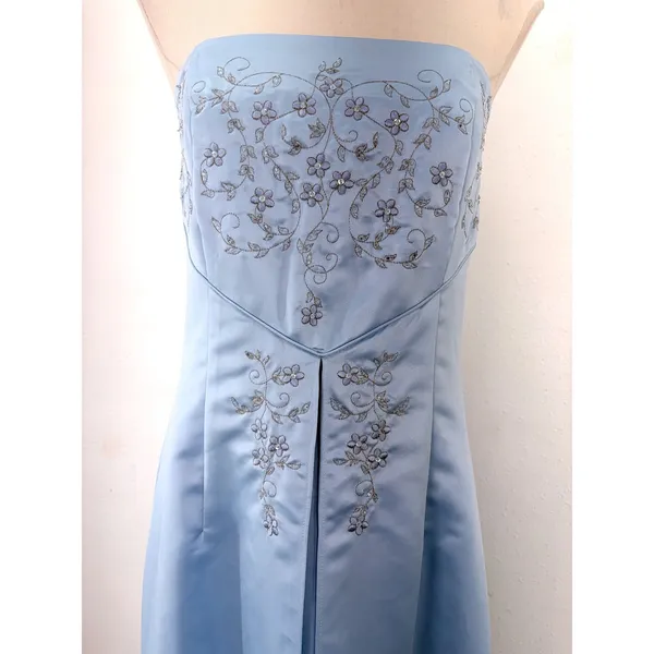 Masquerade Light Blue Satin Embroidered Strapless Floor-Length Prom Gown L - Image 2