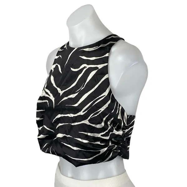 Zara Women's Black Satin Sleeveless Animal Print Crossback Crop Tank Top Size M - Image 2
