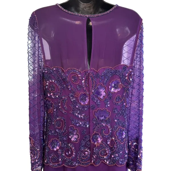 Vtg Adrianna Papell 100% Silk Beaded‎ Maxi Dress Sz 6 Purple Drop Waist Sheer - Image 4