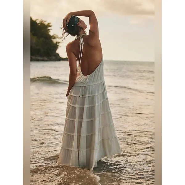 NWT Free People Somewhere Sunny Drop Waist Tiered Open Back Halter Maxi S NWT - Image 3