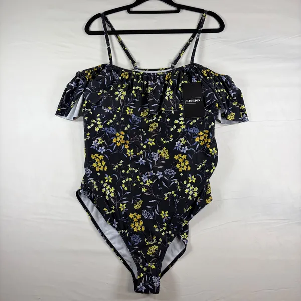 Fashion Womens Black Floral Off Shoulder‎ Ruffle One Piece Swimsuit Size L NWT - Image 2