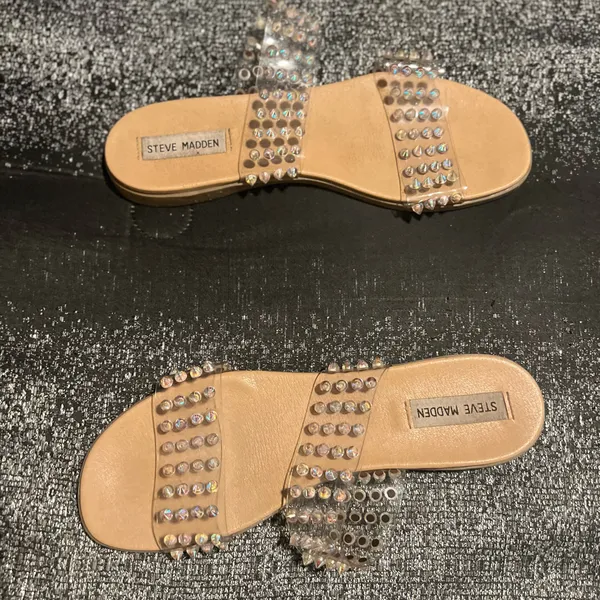 Womens sz10 Steve Madden Blizie Clear Iridescent Spike Stud Flat Slide Sandals - Image 4