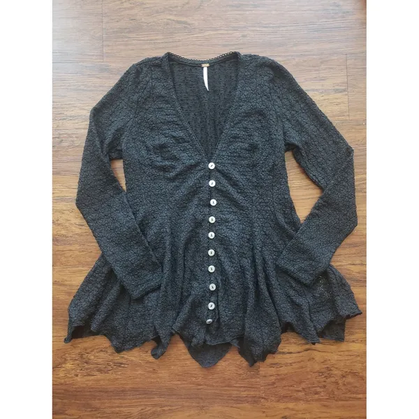 Free People Black Janey Lace Sheer Top Size S Boho Chic Dainty Fairy Festival - Image 2