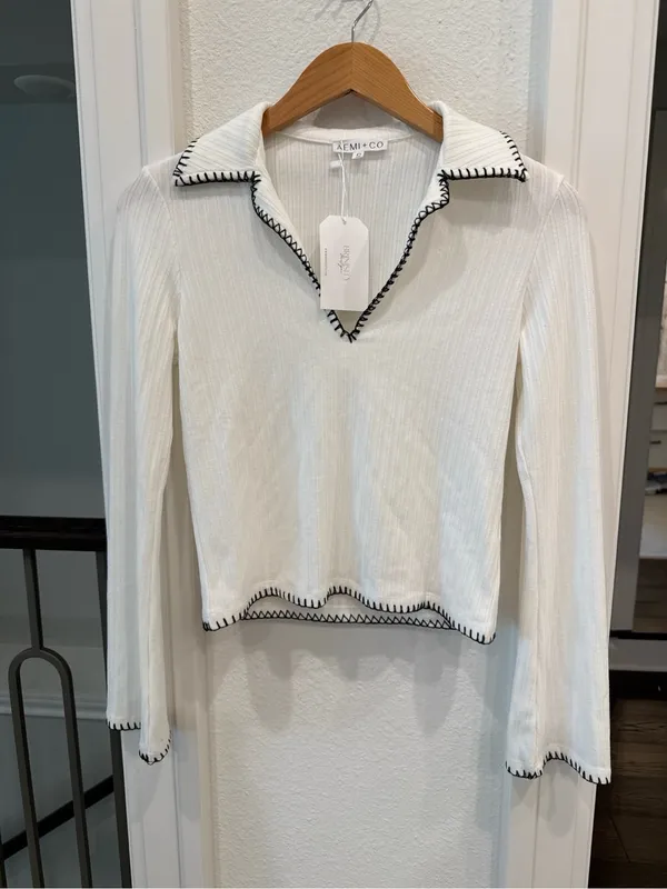 AEMI + CO Ribbed Contrast Stitch Collared Top NWT Small Y2K Coastal Chic - Image 3