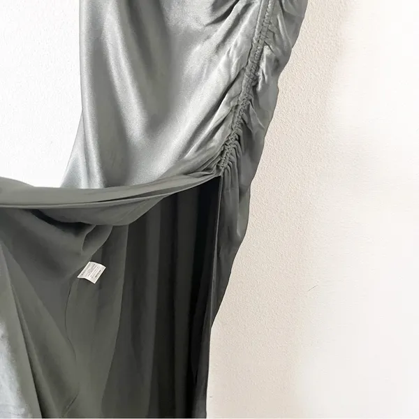 Shona Joy La Lune Olive Satin Ruched High Slit Formal Maxi Dress Gown - Image 8