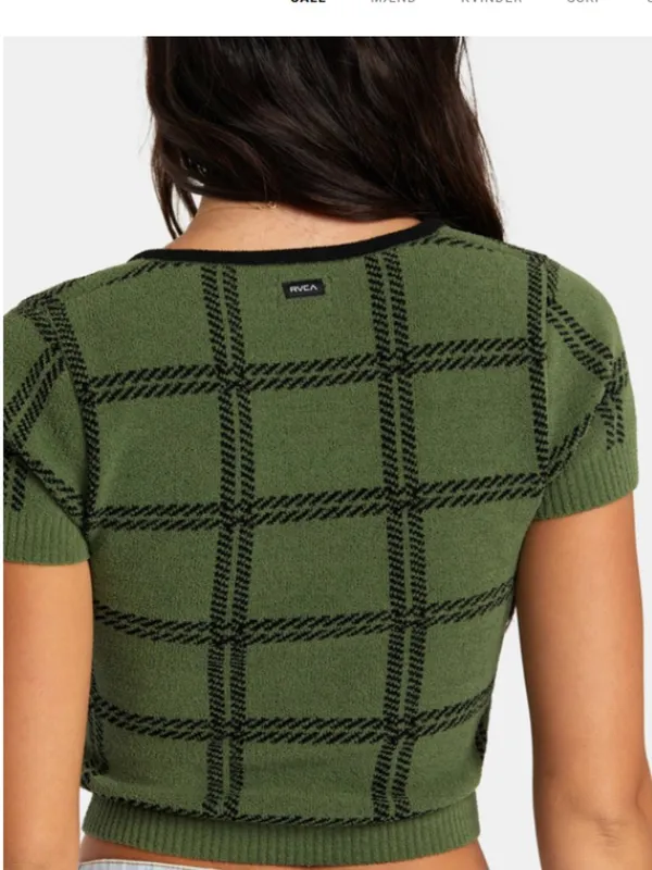 RVCA Green Black Plaid Knit Crop Top Bow Scoop Neck Short Sleeve EUC Size M - Image 2