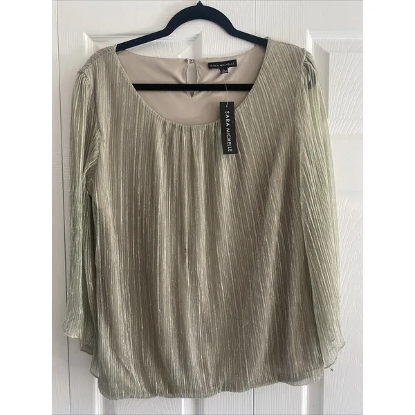 Sara Michelle Pleated Metallic Blouse Womens Size L Gold Shimmer Bell Sleeve Top - Image 2