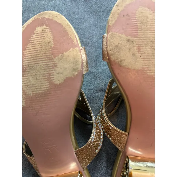 Gold Rhinestone Butterfly Slide Sandals Architectural Crystal Block Heel - Image 6