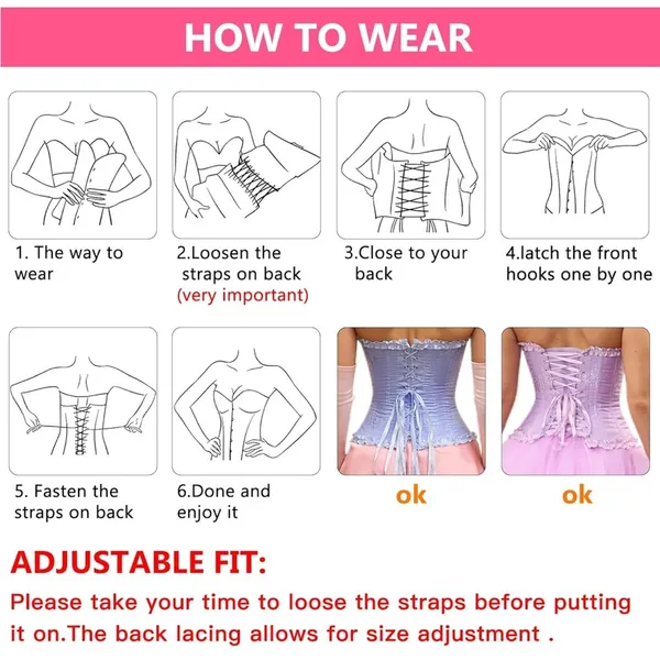 Pink Strapless Corset Top, Bustier Shapewear, Lace Waist Push Up - Image 6