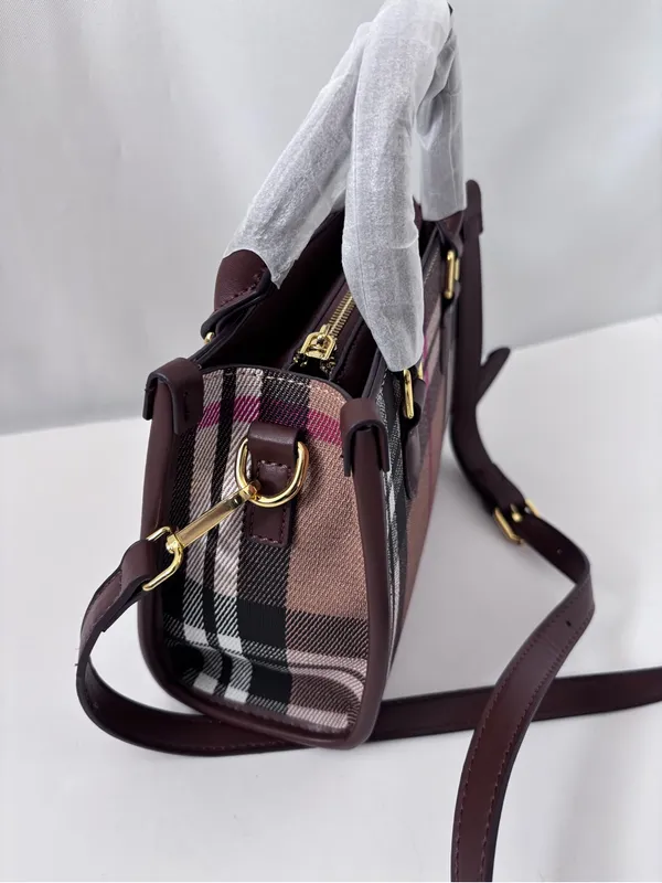 Classic Check Canvas Mini Tote Bag - Pink Stripe Brown Leather Crossbody - Image 4