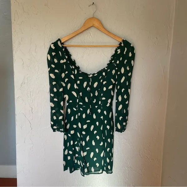 Reformation Remi Green and‎ Cream Splatter Print Cottagecore Mini Dress sz 0 - Image 2
