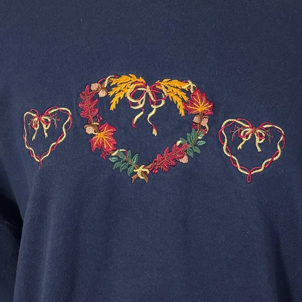 Vintage fall Navy Embroidered Heart Wreath Sweatshirt Fall Leaf Grandma Core XL‎ - Image 5