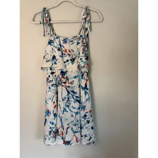 Parker L Nia Dress Blue Multi Flower Pattern Ruffled Front Mini Dress - Image 3