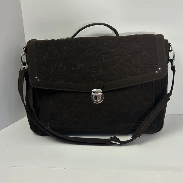Vera Bradley Brown Quilted Briefcase Messenger Laptop Bag Floral‎ Lining - Image 2