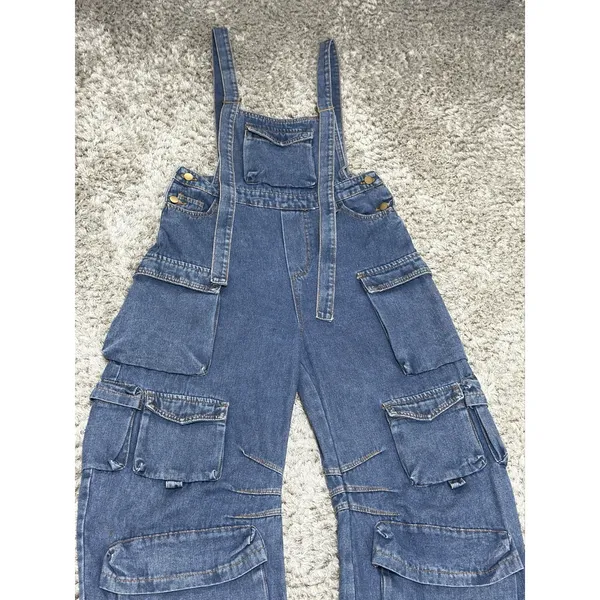 N.1LA Women’s Barrel Leg Denim Overalls Size M Y2K Cargo Jeans Multi Pocket - Image 3