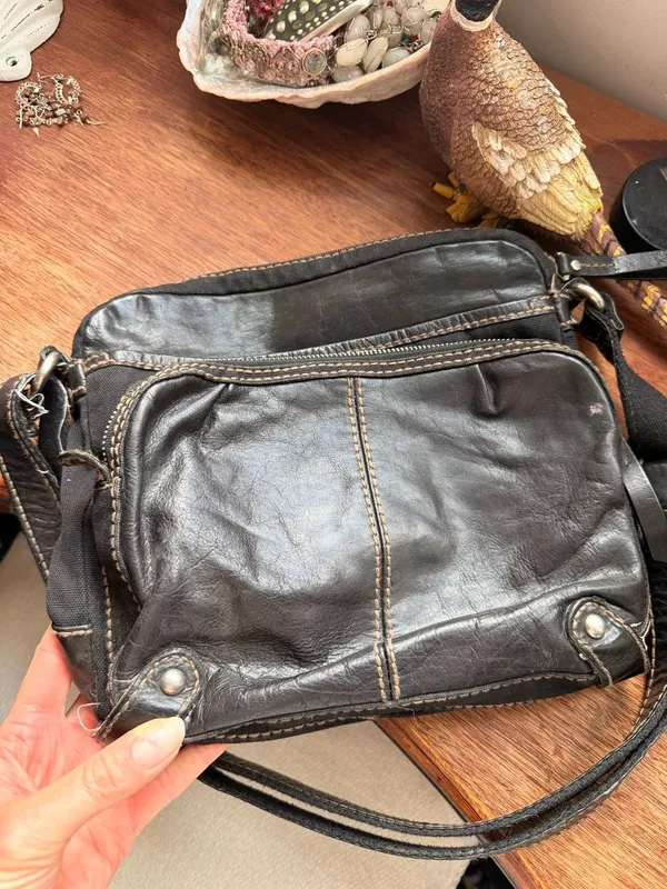 Fossil Black Canvas Leather Trim Crossbody Square Messenger Bag - Image 3