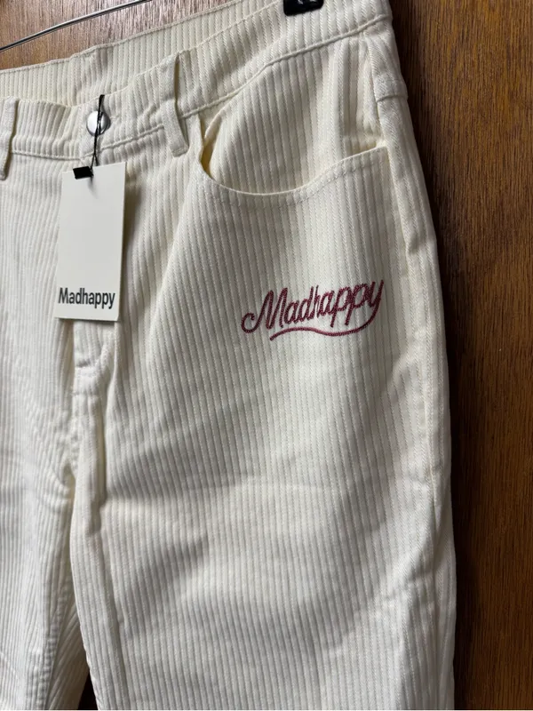 Madhappy Alumni Corduroy Pants Straight Leg Collegiate Embroidered 32 Cream NEW - Image 6